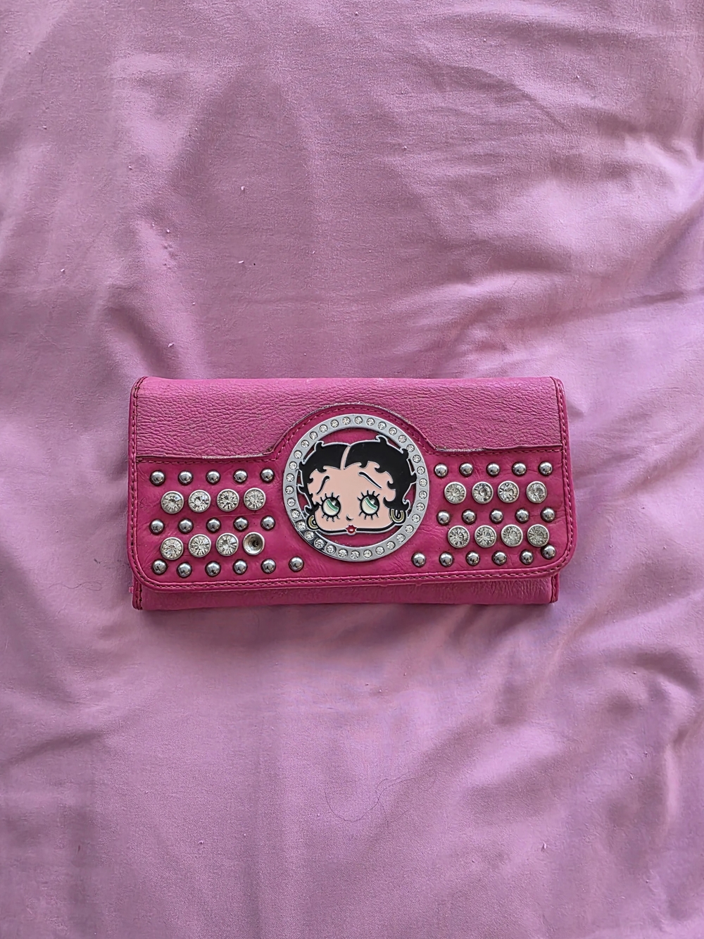 Pink Studded Flap Wallet with Character Emblem